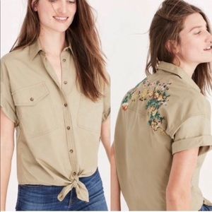 Madewell embroidered back button up tie front top